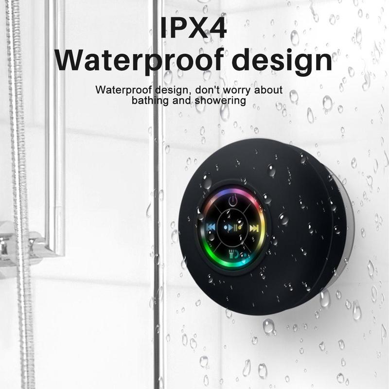 Mini Bluetooth Shower Speaker with LED light, Portable IPX4 Waterproof, Hands-Free Speakerphone, Rechargeable Using Micro USB, Wireless Stereo for Beach, Shower & Home