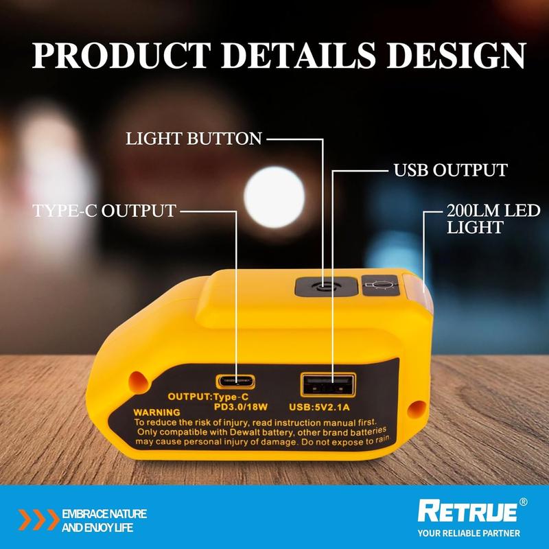 It converts Dewalt 14.4V、18V、20V battery power to USB and Type-C outputs for charging devices like phones and cameras, and includes a 200-lumen LED with (Just the product, no battery)