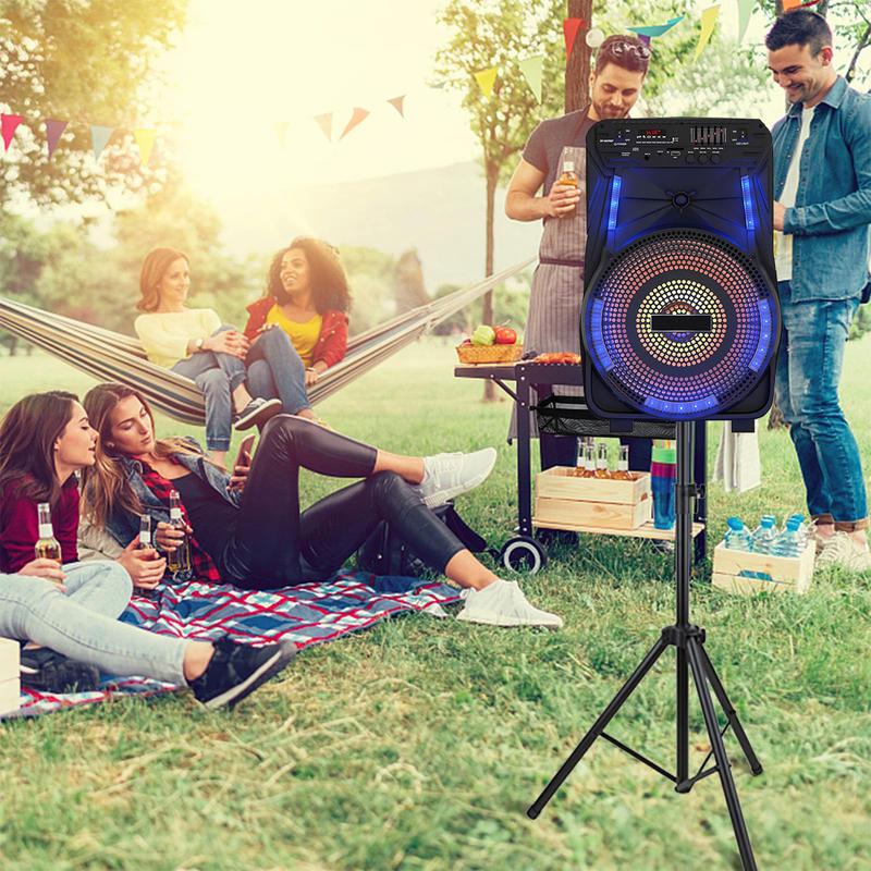 15 inch Portable Bluetooth PA Speaker Rechargeable Loud Outdoor Speaker System With Stand Tripod Microphone LED Light 2200mAh  7.4V Lithium-ion Battery Audio