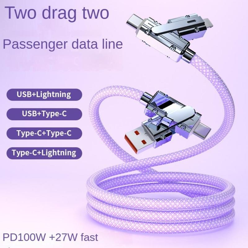 4 in 1 Multi-function Data Cable, PD 27W + 100W Fast Charging Type-C USB Data Cable, Phone Accessories for iPhone & Android