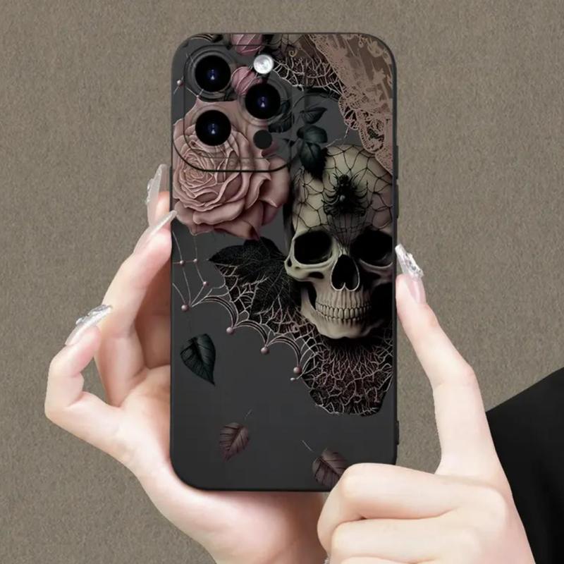 Skull & Flower Pattern Phone Case, Full Coverage Lens Phone Protective Cover, Phone Accessories Compatible with iPhone 11 12 13 14 15 Pro Max, Boyfriend Gift