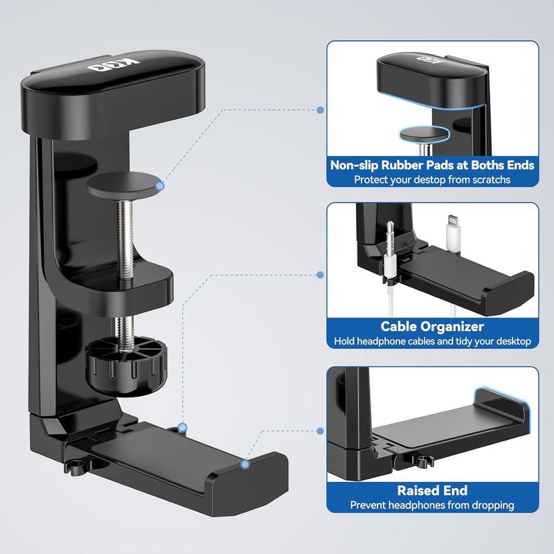 Foldable Headphone Hanger, Rotatable Under Desk Headset Stand Holder, Gaming Headphone Hook Mount Clamp with Universal Fit for PC Gaming Accessories, Built in  Clip Organizer