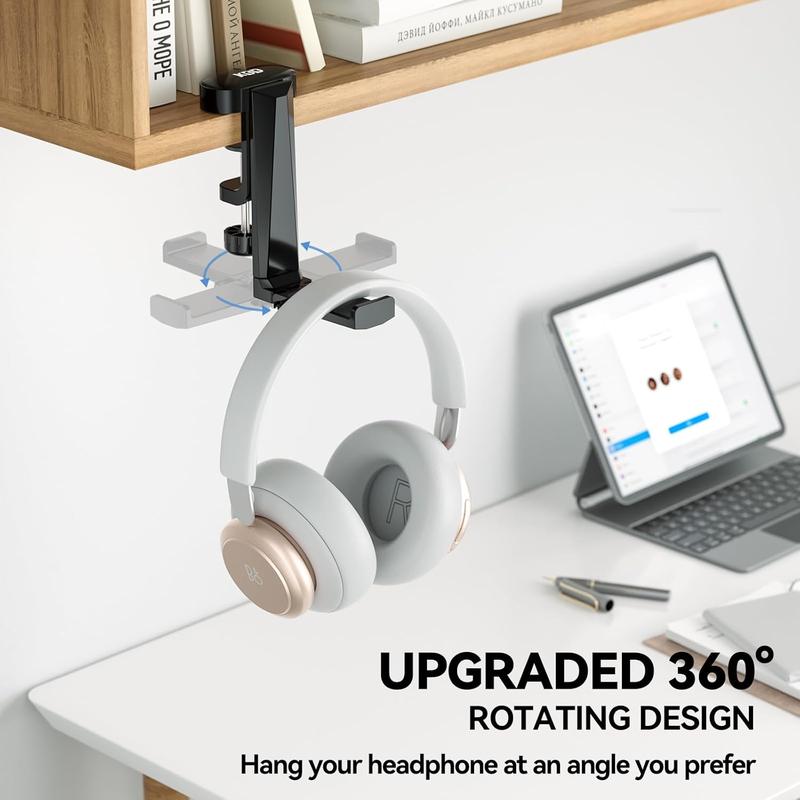 Foldable Headphone Hanger, Rotatable Under Desk Headset Stand Holder, Gaming Headphone Hook Mount Clamp with Universal Fit for PC Gaming Accessories, Built in  Clip Organizer