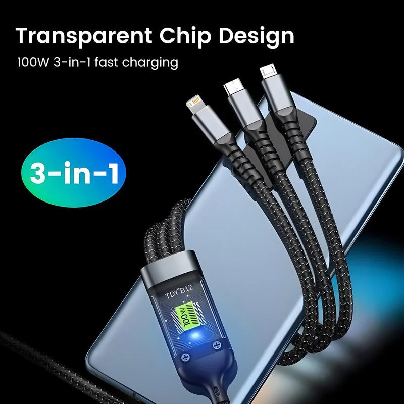 3-in-1 100W Phone Charging Cable, USB to Type-C Fast Charger Cable, Mobile Phone Charger Cable for iPhone 15 14 Samsung Xiaomi Huawei