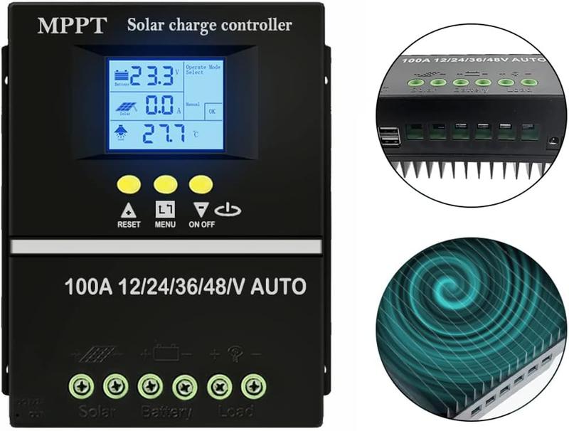 100A MPPT Solar Charge Controller 12V 24V 36V 48V LCD Display Battery Intelligent Regulator Max 100V Input Dual USB for Lead-Acid Lithium