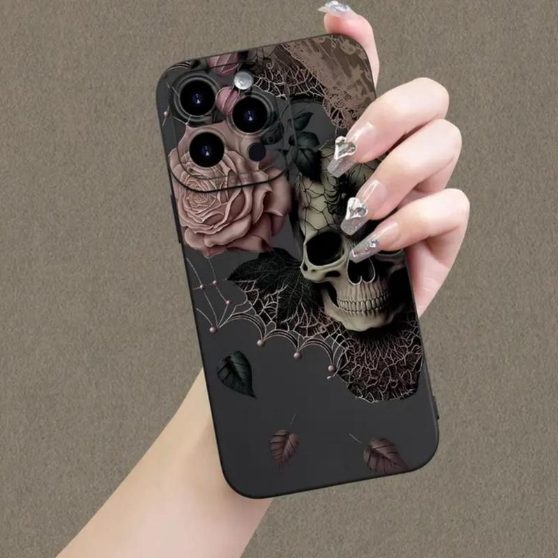 Skull & Flower Pattern Phone Case, Full Coverage Lens Phone Protective Cover, Phone Accessories Compatible with iPhone 11 12 13 14 15 Pro Max, Boyfriend Gift