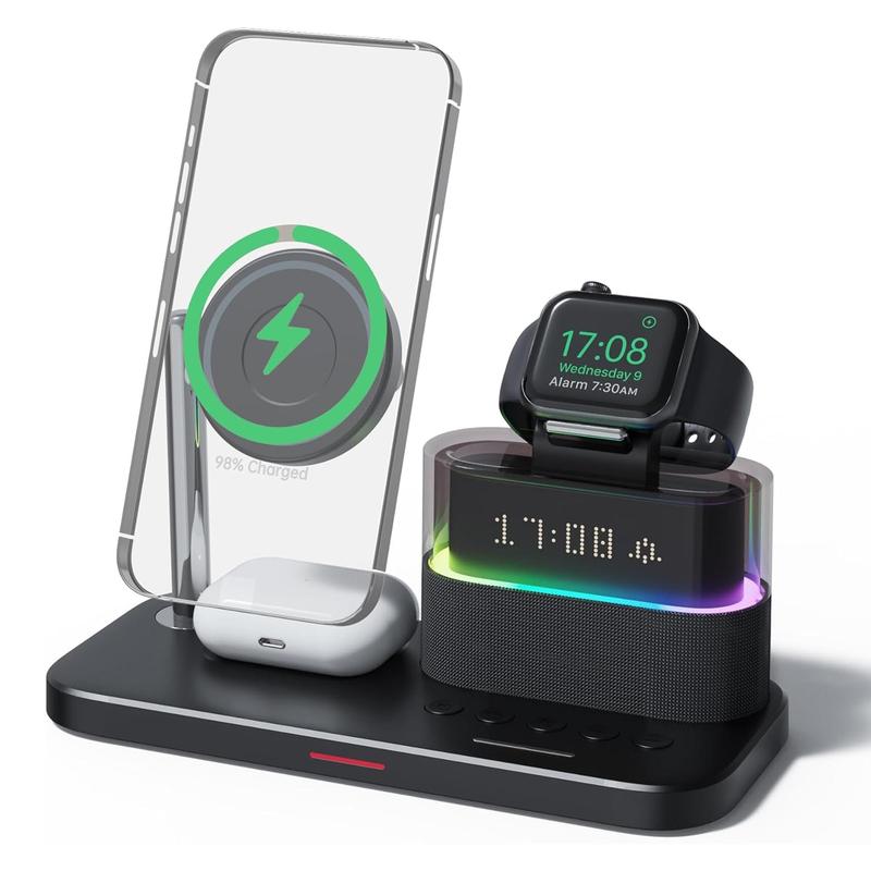 5 in 1 Wireless Charger, Multifunctional Wireless Charging Station with Ambient Light & Clock Function, Fast Charging Station Compatible with iPhone & Apple Watch & AirPods