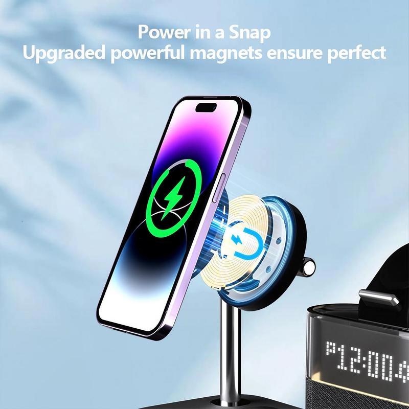 5 in 1 Wireless Charger, Multifunctional Wireless Charging Station with Ambient Light & Clock Function, Fast Charging Station Compatible with iPhone & Apple Watch & AirPods