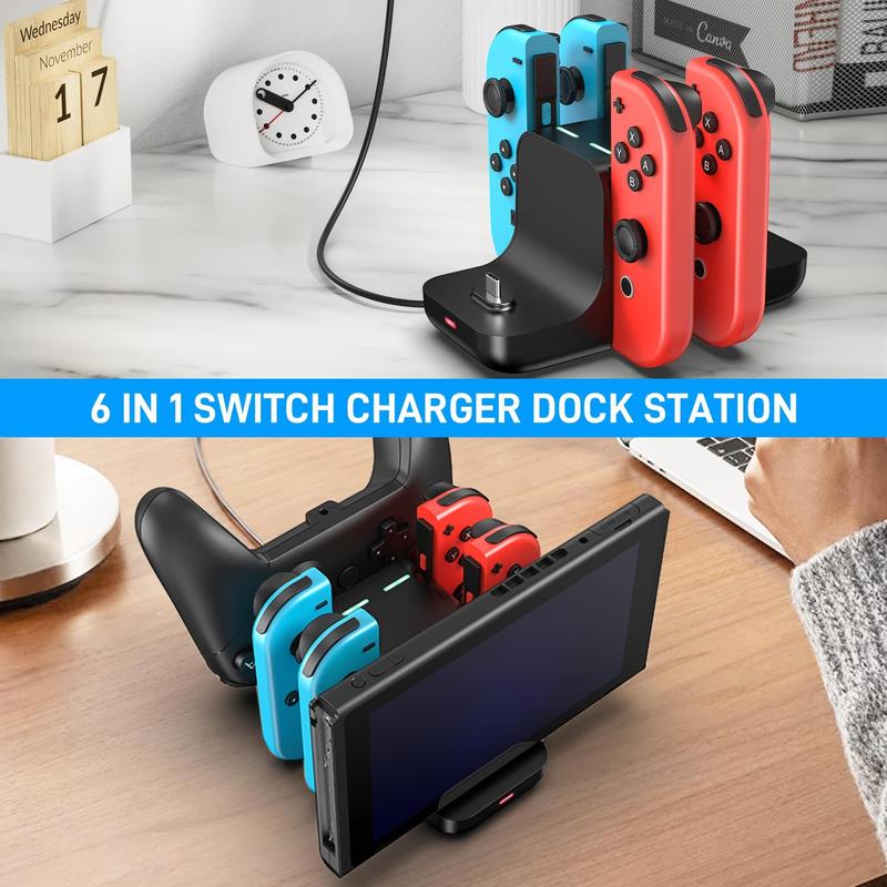 Game Controller Charging Station, Charging Stand for Switch Controller with LED Indicator, Charging Station with 4 Controller and 2 Type-C for Switch