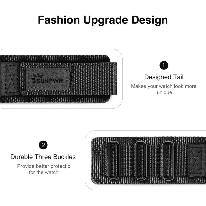 Sunfwr Watch Band Rugged Velcro Band for Apple Watch 42mm 44mm 45mm 49mm 38mm 40mm 41mm - Tough Nylon Strap with Three Buckle Loop Design - Compatible with iWatch Series 1-9 & SE Accessories Wearable