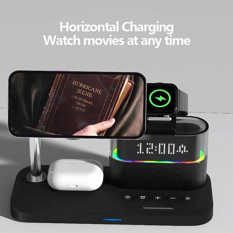 5 in 1 Wireless Charger, Multifunctional Wireless Charging Station with Ambient Light & Clock Function, Fast Charging Station Compatible with iPhone & Apple Watch & AirPods