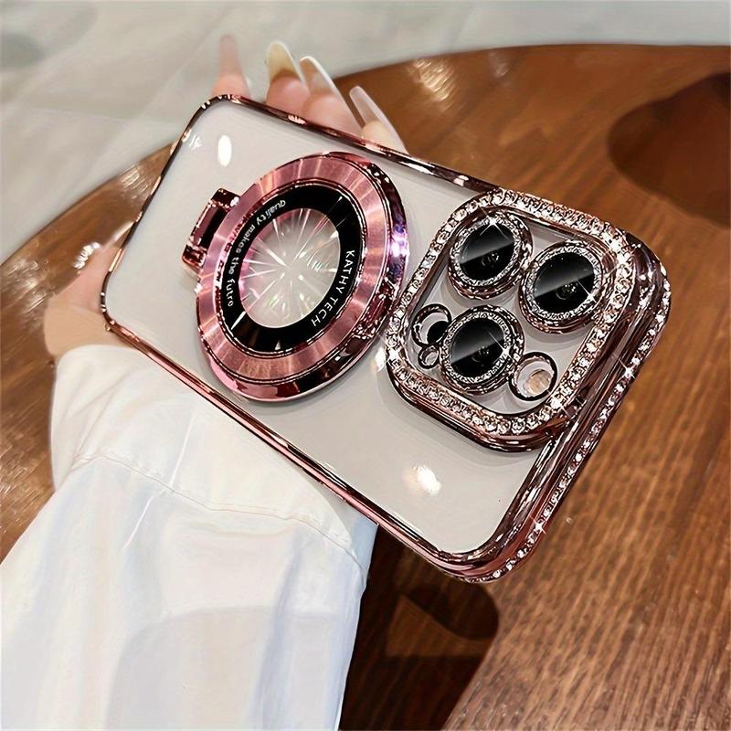 Artificial Rhinestone Decor Phone Case, Smartphone Protector, Anti-fall Shockproof Phone Cover with Stand, Phone Accessories Compatible with iPhone 15 14 13 12 Series