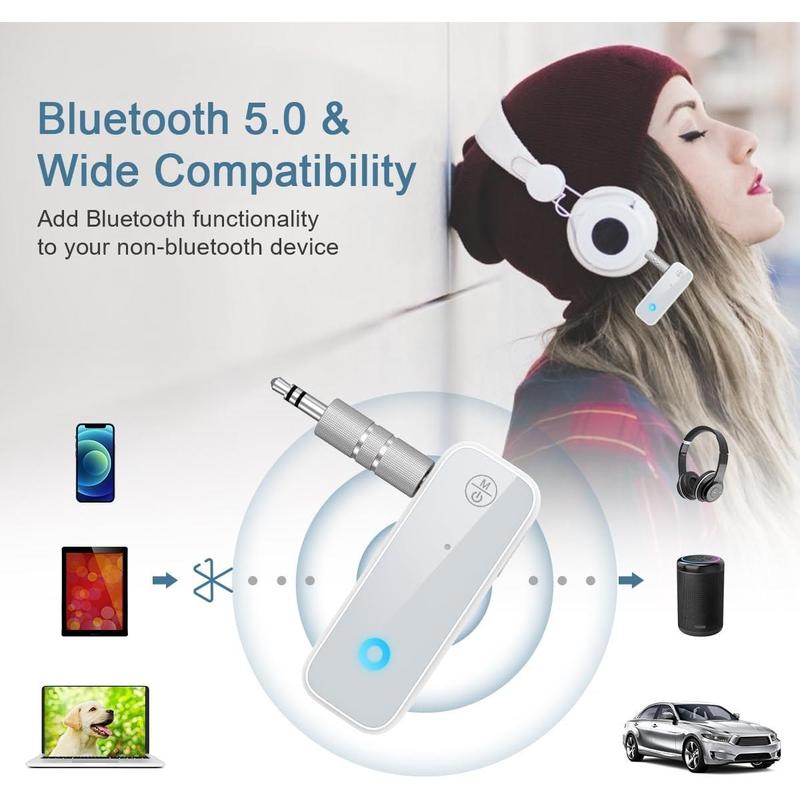 Bluetooth Car Adapter, 2-in-1 Wireless Transmitter and Receiver, Built-in Microphone for Hands-Free Calls, Clear Sound for Cars, Headphones, and Home Stereo, White