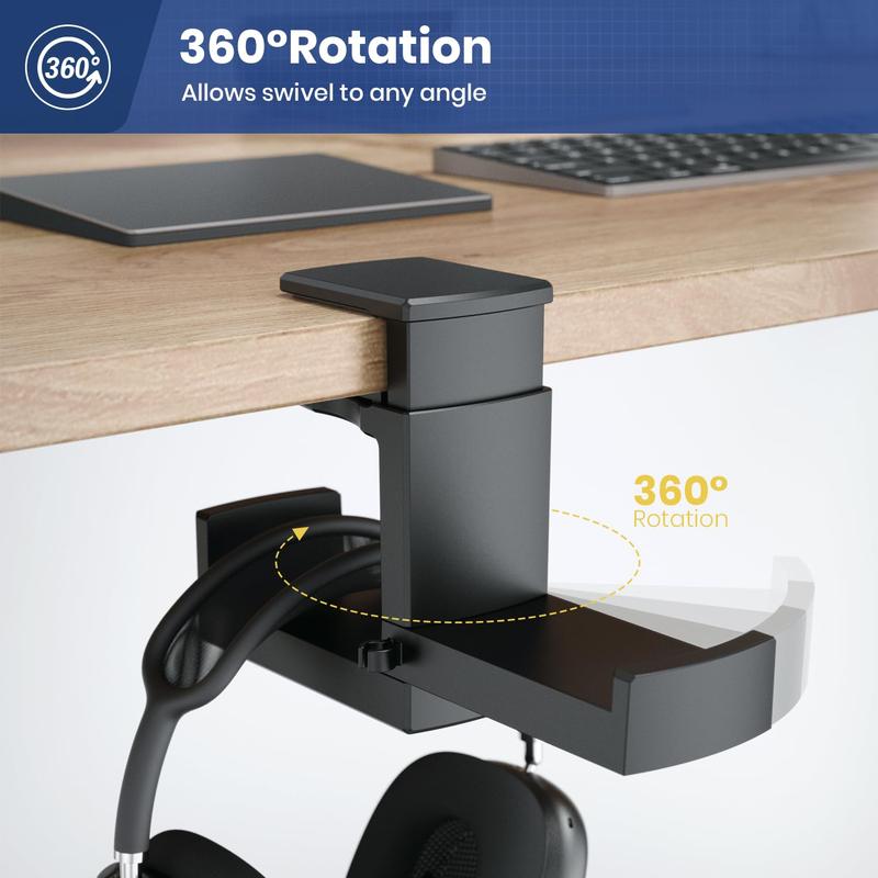 Dual Headphone Stand Holder - 2 in 1 PC Gaming Headset Hooks, 360 Degree Rotating Headphone Hanger with Adjustable Clamp & Cable Clip Organizer, Headset Mount Under Desk Earphone Clamp-Black