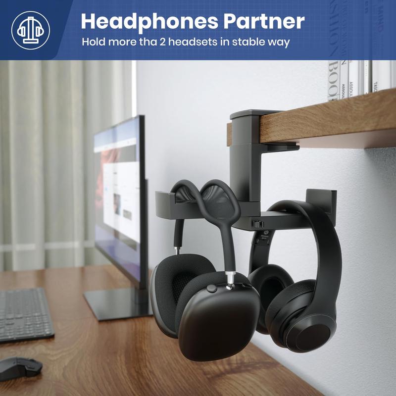 Dual Headphone Stand Holder - 2 in 1 PC Gaming Headset Hooks, 360 Degree Rotating Headphone Hanger with Adjustable Clamp & Cable Clip Organizer, Headset Mount Under Desk Earphone Clamp-Black