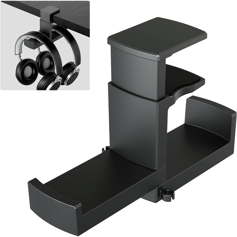 Dual Headphone Stand Holder - 2 in 1 PC Gaming Headset Hooks, 360 Degree Rotating Headphone Hanger with Adjustable Clamp & Cable Clip Organizer, Headset Mount Under Desk Earphone Clamp-Black