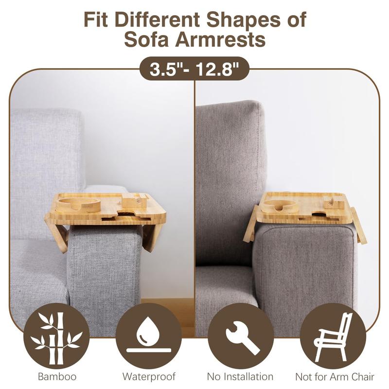 Couch Arm Table, Sofa Arm Tray with 360° Rotating Phone Holder & Cup Holder, Folding Anti-Slip Sofa Arm Table, Bamboo Couch Tray Clip on Side Table for Eating, Snacks, Phone, Remote, Cups