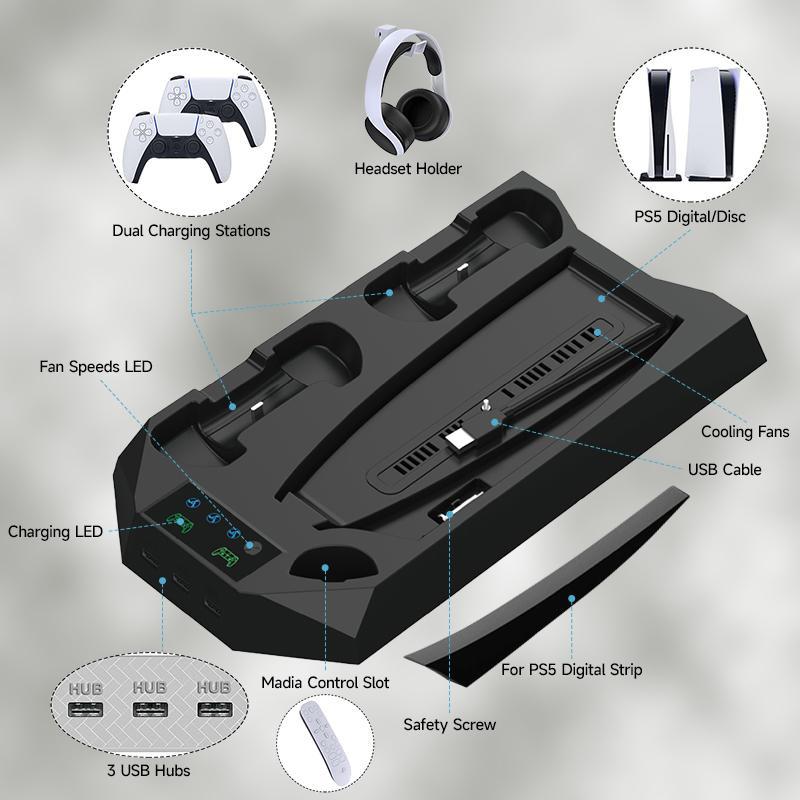 Charging Station for PS5, 1 Count Dual Controller Charging Station, Headset Holder, Media Slot, Console Accessories