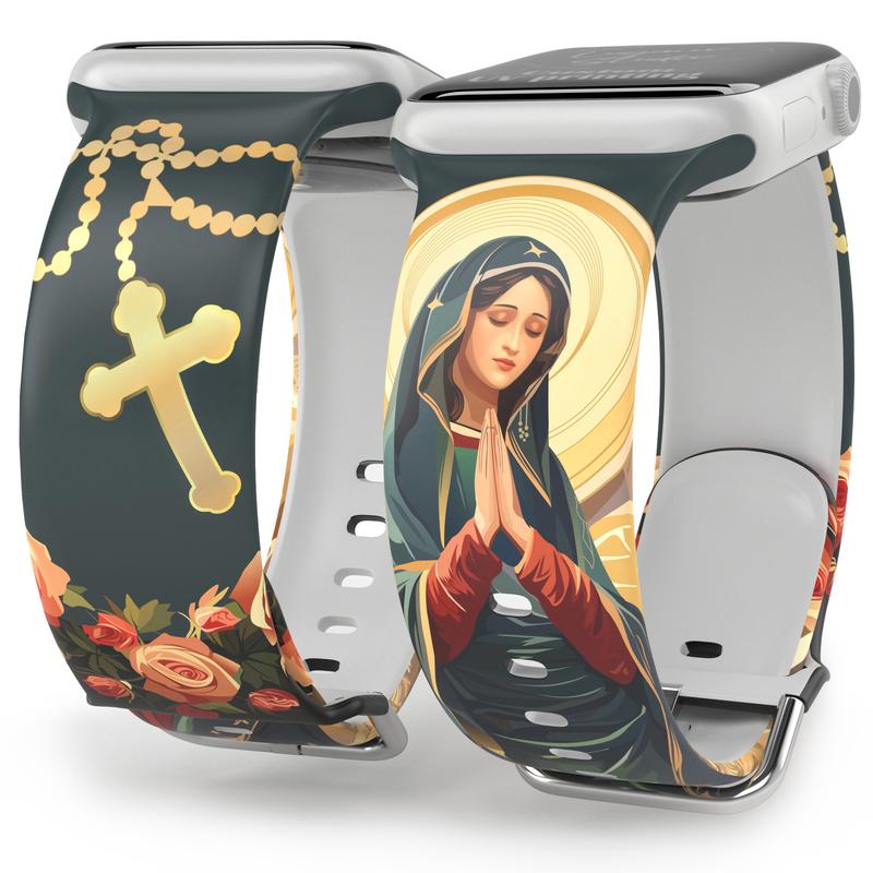 Virgin Mary with Cross Watch Band compatible with iWatch Printed Band Silicone Ultra 38mm 40mm 41mm 42mm 44mm 45mm 46mm 49mm Strap Virgin De Guadalupe Jesus God Catholic Christian Bible Gift