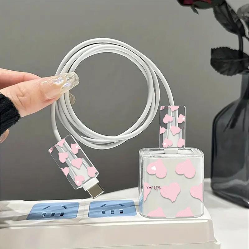 Heart Pattern Phone Charger Protector Set for Summer, Including Charger Head Protective Case, Adapter Protective Case & Data Cable Protector