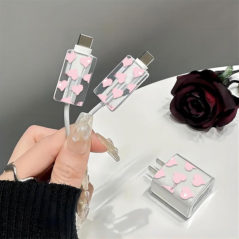 Heart Pattern Phone Charger Protector Set for Summer, Including Charger Head Protective Case, Adapter Protective Case & Data Cable Protector