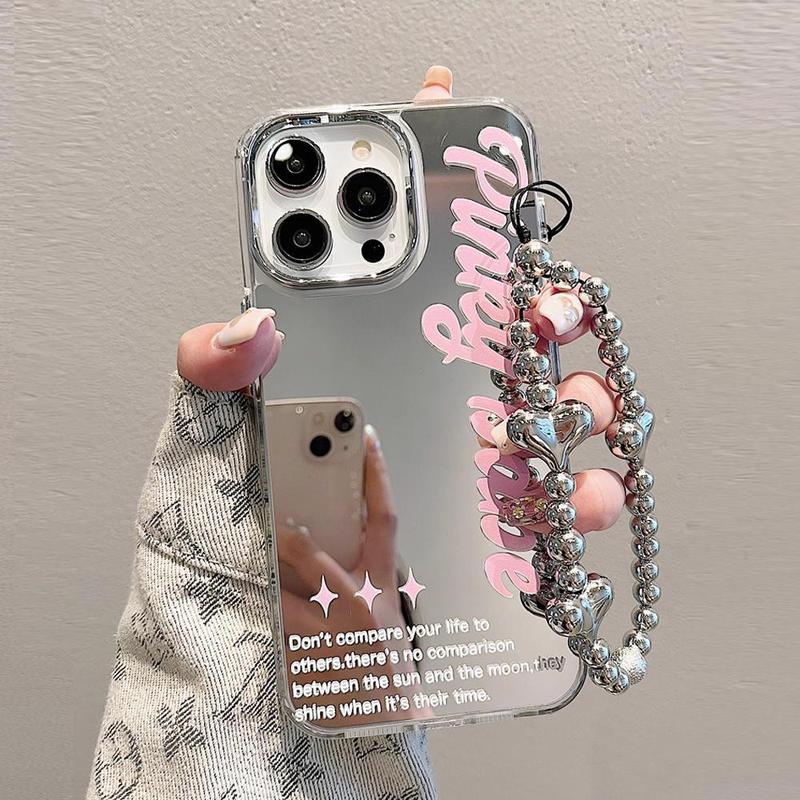 Mirror Phone Case with Heart Charm Bracelet, 1 Count Anti-drop Decorative Smartphone Protective Cover, Phone Cases Compatible with iPhone 16 Series 11 12 13 14 15 Pro Max 15 14 Plus Cases, Phone Accessories, Fall Gift