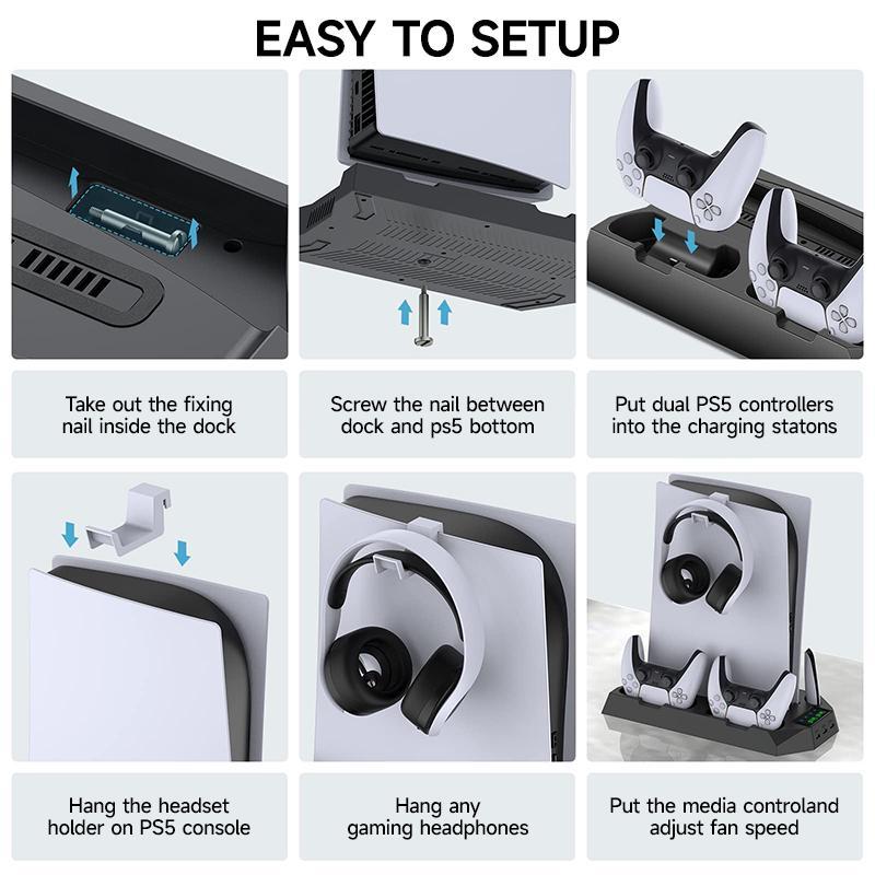 Charging Station for PS5, 1 Count Dual Controller Charging Station, Headset Holder, Media Slot, Console Accessories