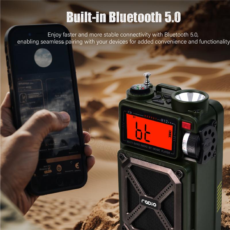 Portable AM FM WB Shortwave Radio with Bluetooth 5.4, Hand Crank, Solar Power, SOS & Flashlight for Hurricane Preparedness & Outdoor Use sleep timer