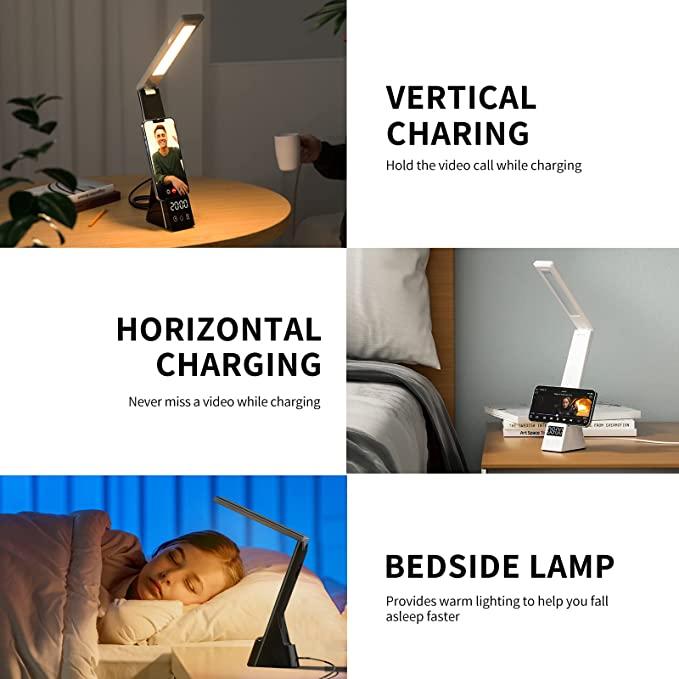 7-in-1 Lumi-Charge Mini Smart Desk Lamp: Wireless charger, USB port, digital clock, alarm, & compatibility with smartwatches, iOS & AirPod