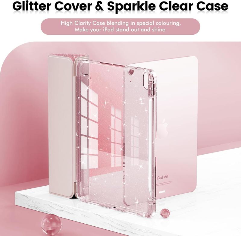 for iPad Air 11 inch Case 6th Generation M2 2024, iPad Air 5th 4th Generation Case 2022 2020 10.9 inch, Glitter Cover with Clear , Pencil Holder for  Girls, Rose