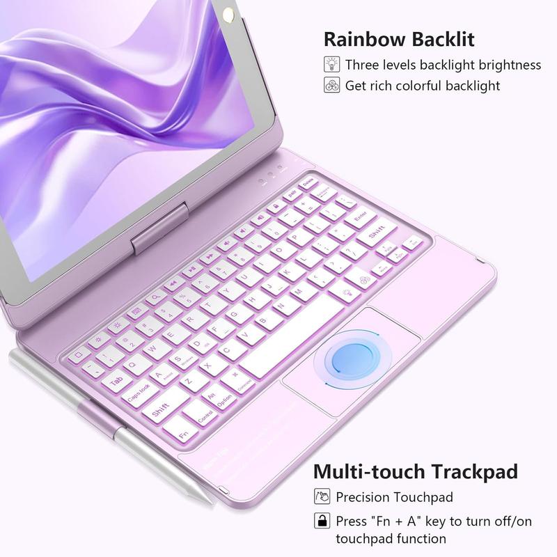 Touchpad Keyboard Case for iPad 9th 8th 7th 10.2 inch, Backlit Trackpad Keyboard, 360°Rotatable Case with Pencil Holder for iPad 9th 8th 7th Gen (Light Purple)