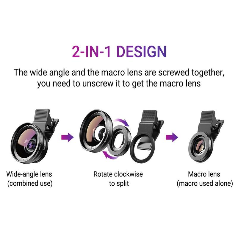 APEXEL 2 in 1 0.45X Wide Angle & 12.5X Macro Lens, Mobile Phone Lens, Mobile Phone Accessories for iPhone Huawei Samsung Xiaomi Android Smartphone