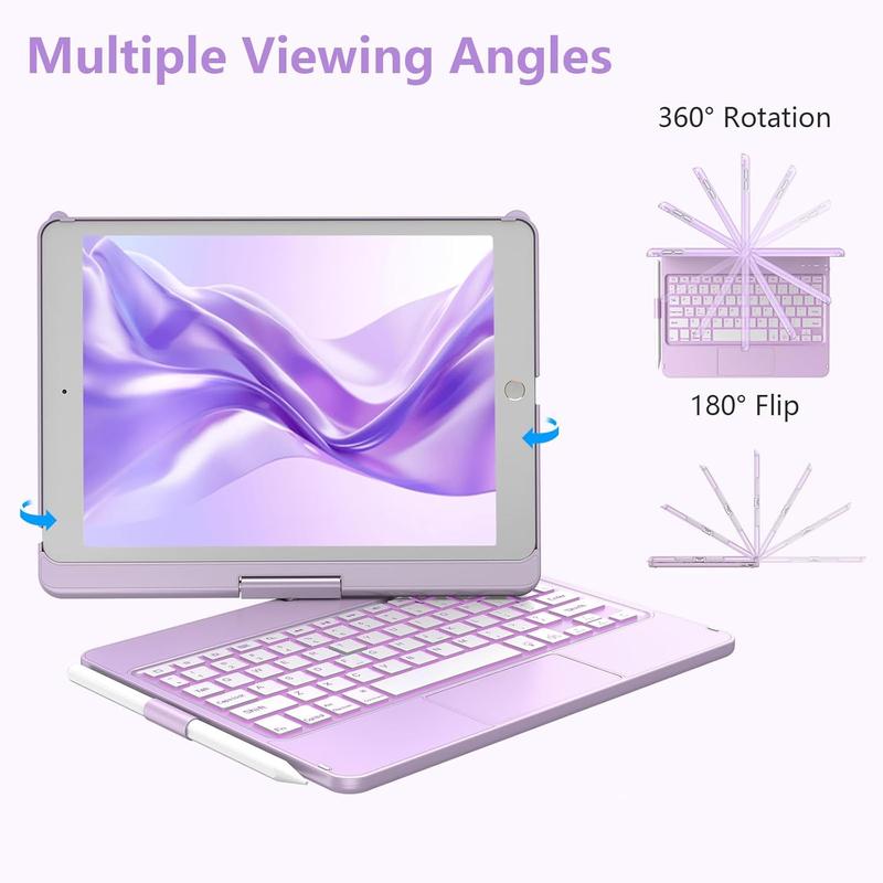 Touchpad Keyboard Case for iPad 9th 8th 7th 10.2 inch, Backlit Trackpad Keyboard, 360°Rotatable Case with Pencil Holder for iPad 9th 8th 7th Gen (Light Purple)