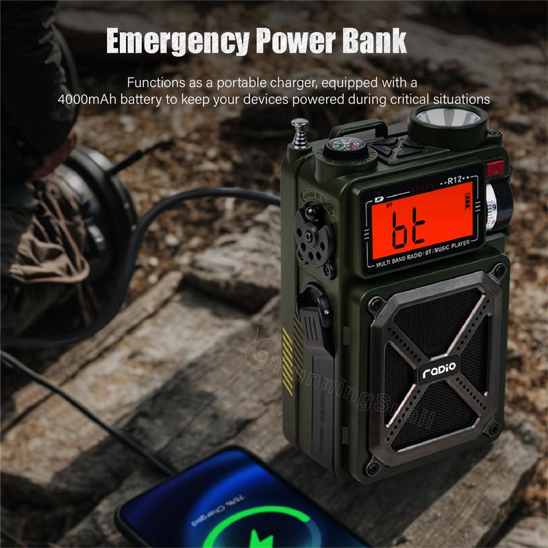 Portable AM FM WB Shortwave Radio with Bluetooth 5.4, Hand Crank, Solar Power, SOS & Flashlight for Hurricane Preparedness & Outdoor Use sleep timer