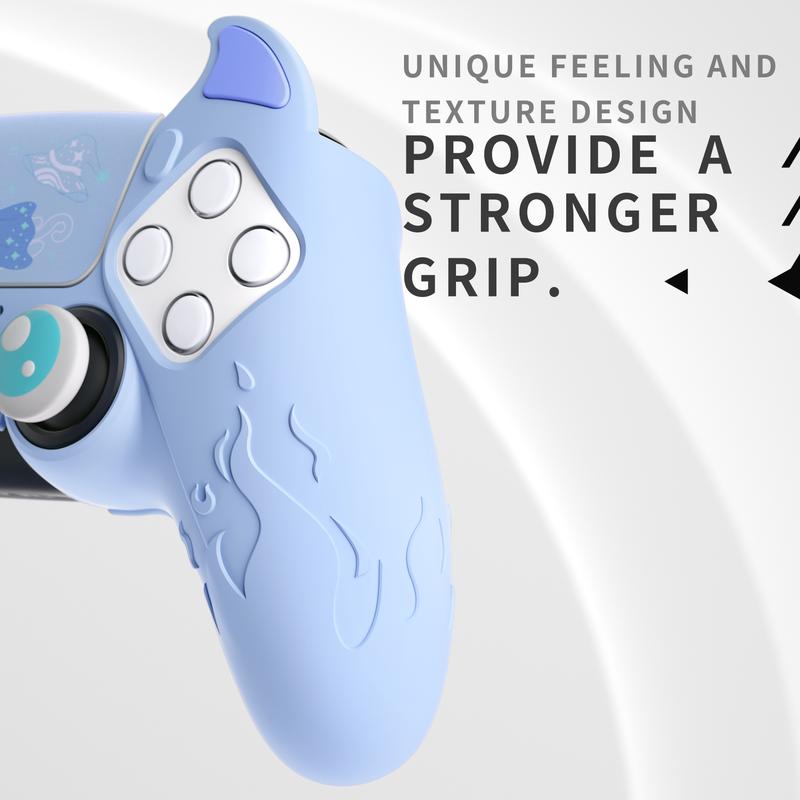 PlayVital Cute Demon Controller Silicone Case for ps5, Kawaii Controller Cover Gamepad Skin Protection for ps5 with Touch Pad Sticker & Thumb Grip Caps Accessories - Blue