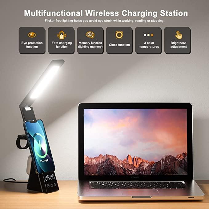 7-in-1 Lumi-Charge Mini Smart Desk Lamp: Wireless charger, USB port, digital clock, alarm, & compatibility with smartwatches, iOS & AirPod