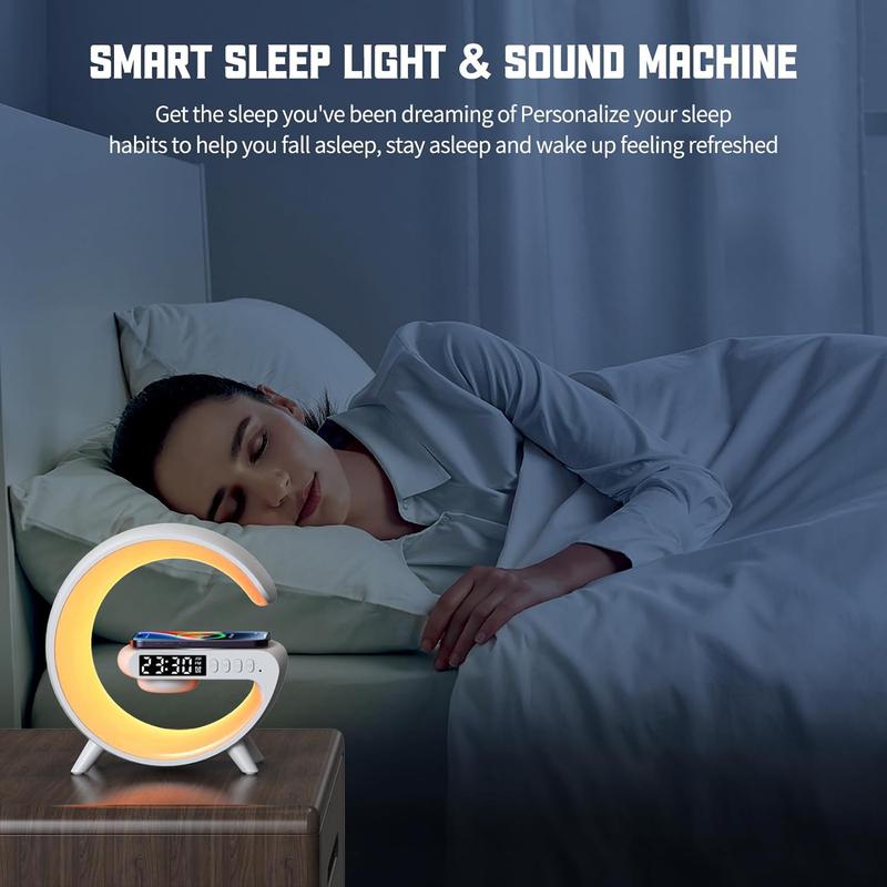 RGB Night Light Lamp Multifunctional Wireless Audio Speaker, Multifunctional Wireless Speaker with Alarm Clock, Rechargeable Speaker, Wireless Charger Station for Smartphone