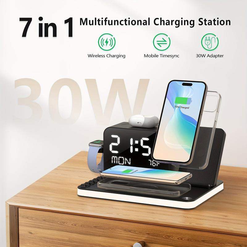 7-In-1 Wireless Charging Station - Dual Phone Fast Charging Dock with Night Light, Phone Holder, Time Sync, Week Temperature Display, 30W Adapter for iPhone, AirPods, and iWatch with USB-C and USB-A Wired Output