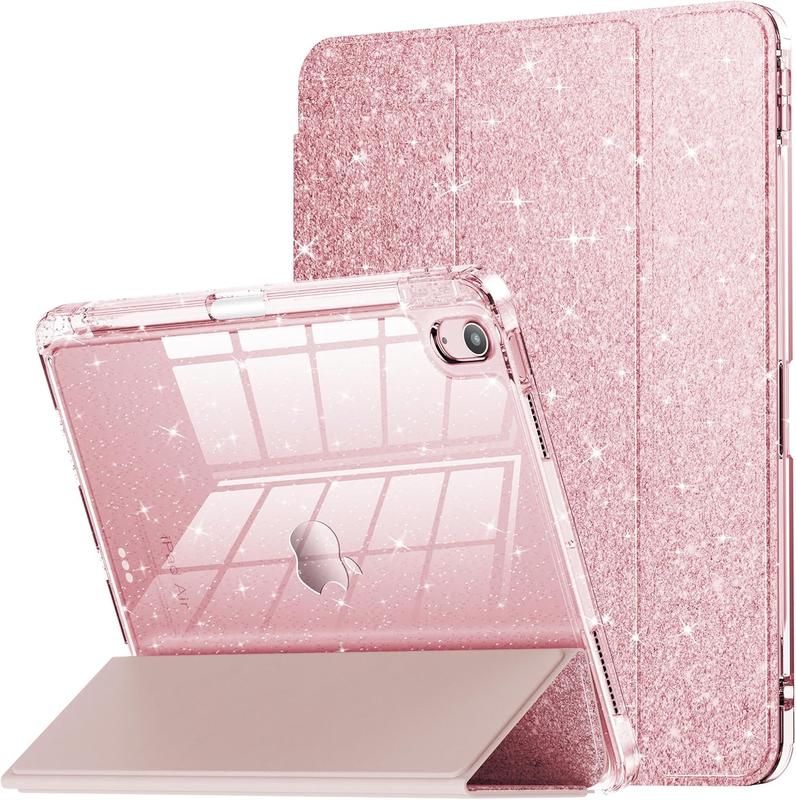 for iPad Air 11 inch Case 6th Generation M2 2024, iPad Air 5th 4th Generation Case 2022 2020 10.9 inch, Glitter Cover with Clear , Pencil Holder for  Girls, Rose