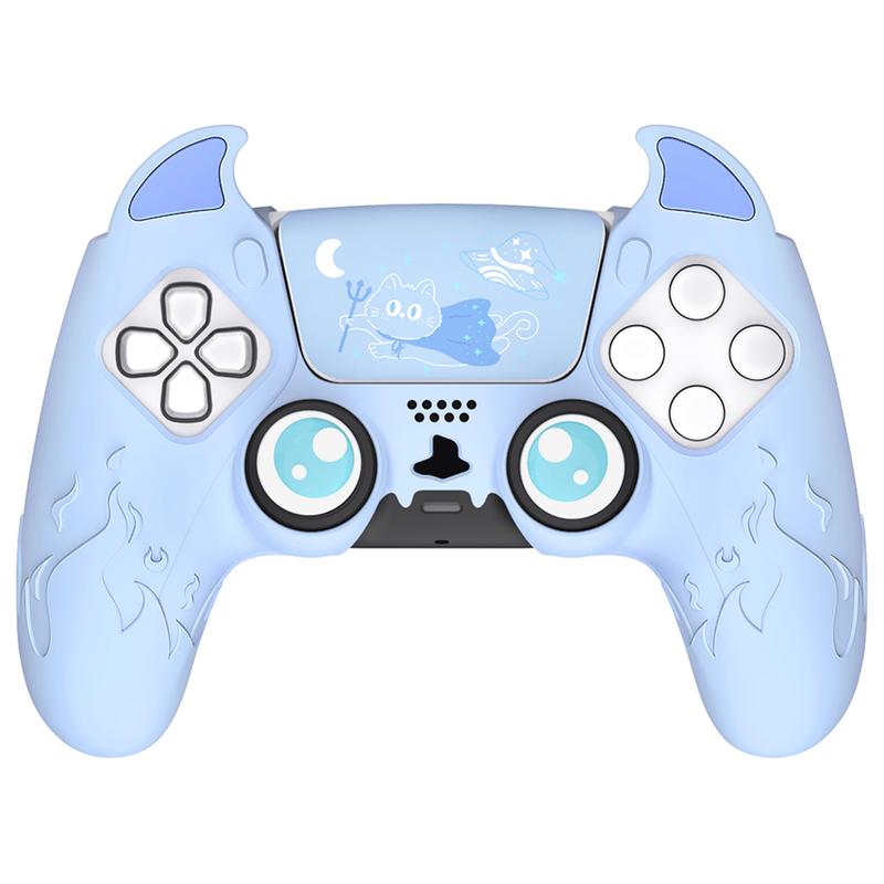 PlayVital Cute Demon Controller Silicone Case for ps5, Kawaii Controller Cover Gamepad Skin Protection for ps5 with Touch Pad Sticker & Thumb Grip Caps Accessories - Blue