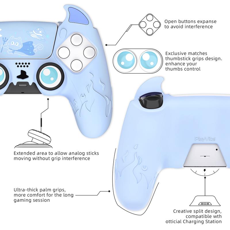 PlayVital Cute Demon Controller Silicone Case for ps5, Kawaii Controller Cover Gamepad Skin Protection for ps5 with Touch Pad Sticker & Thumb Grip Caps Accessories - Blue