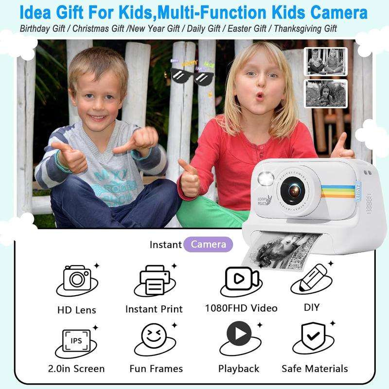 Instant Printing Camera for Kids, 1080p Polaroid Camera, Creative Christmas Birthday Gift for Girls Boys, HD Digital Camera Portable Toy with Printing Paper 8GB Memory Card Charging instant print