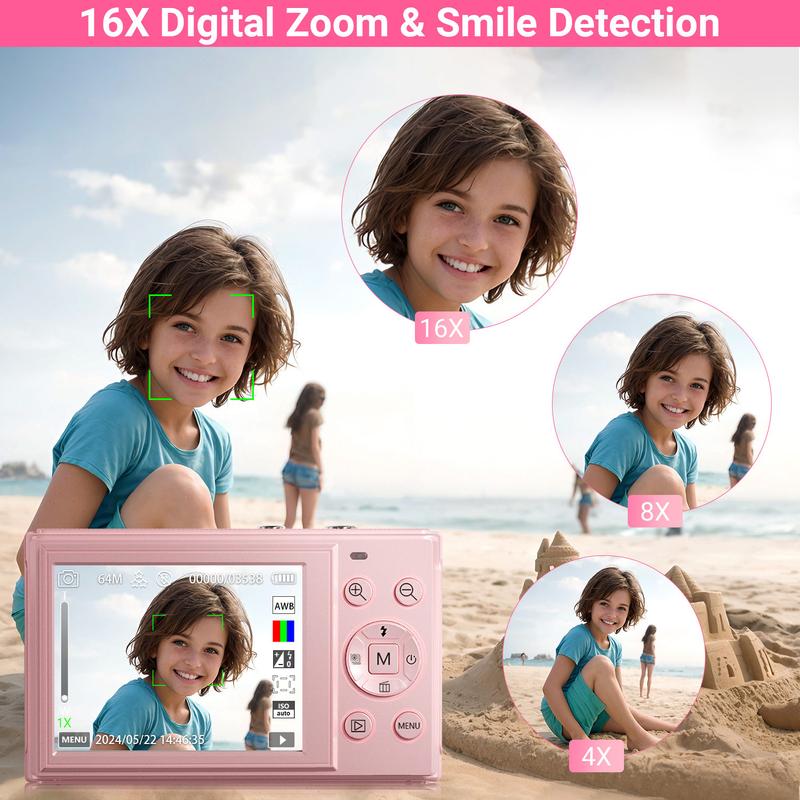 Digital Camera, FHD 4K Camera, Digital Point and Shoot Camera with 16X Zoom Anti Shake, Compact Small Camera for Boys Girls Kids