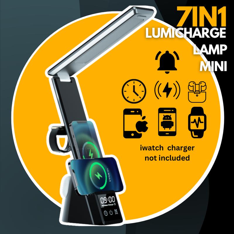 7-in-1 Lumi-Charge Mini Smart Desk Lamp: Wireless charger, USB port, digital clock, alarm, & compatibility with smartwatches, iOS & AirPod