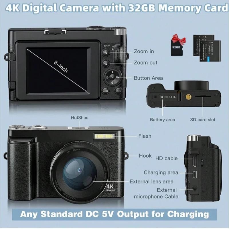 4K Digital Camera Autofocus & Anti-Shake 48MP Vlogging Camera with SD Card, 3