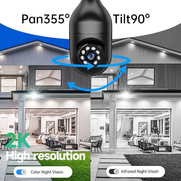 WESECUU Light bulb camera 2.4 5Ghz-Wireless 3MP HD, Infrared Night Vision,Pan Tilt, 2-Way Audio, Human Detection,Alarm,Alexa Compatible Security