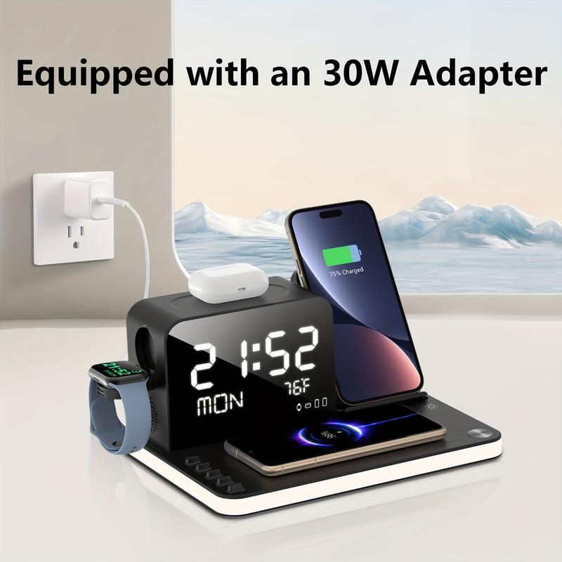 7-In-1 Wireless Charging Station - Dual Phone Fast Charging Dock with Night Light, Phone Holder, Time Sync, Week Temperature Display, 30W Adapter for iPhone, AirPods, and iWatch with USB-C and USB-A Wired Output