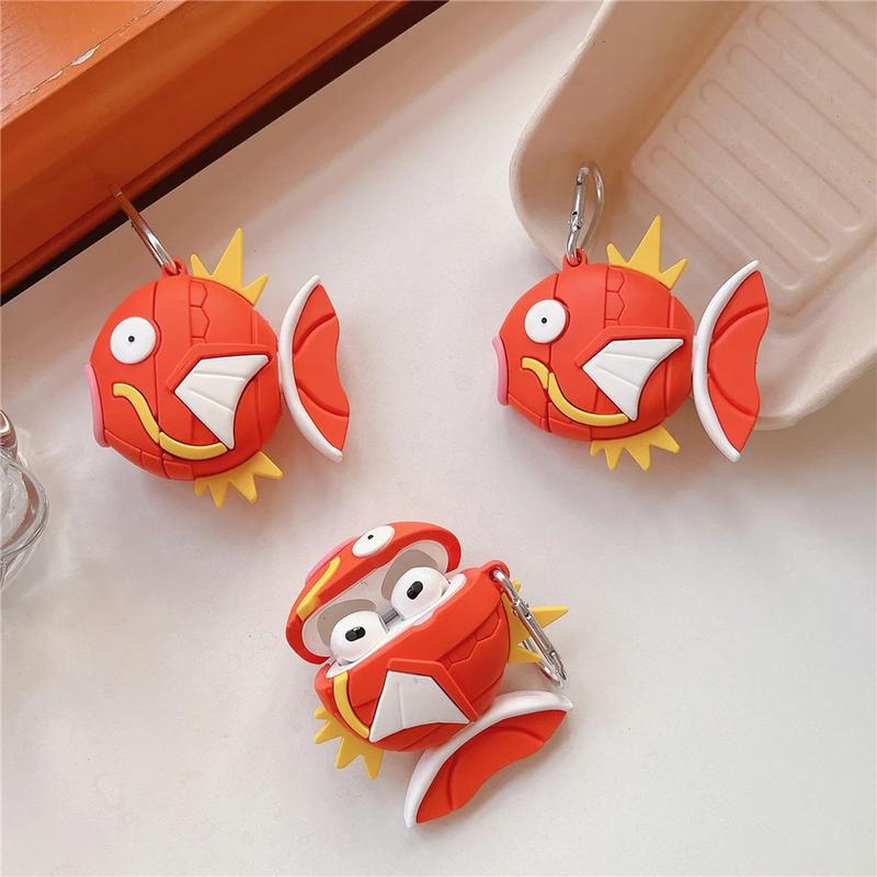 Cute Pokemon Magikarp Airpods Case  Compatible with Airpods 1 2 3 Pro Pro2 Portable Soft Silicone Fashion Shockproof Wireless Earphone Charging Case Protector Cover with Hook for Women Men Birthday Christmas Gift