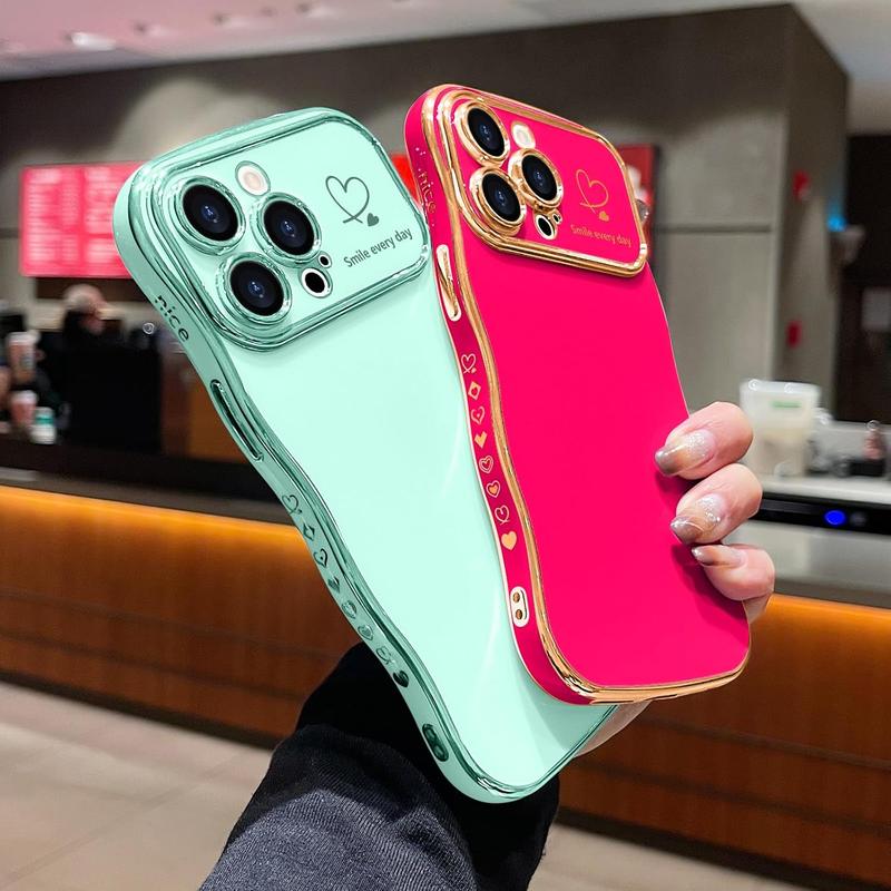 iPhone Case for Women Girls, Cute Wave Frame Curly Shape with Love Heart Raised Camera Protection Cover Luxury Plating Shockproof Phone Case for iPhone 16 15 14 13 12 Pro Max, Hot Pink