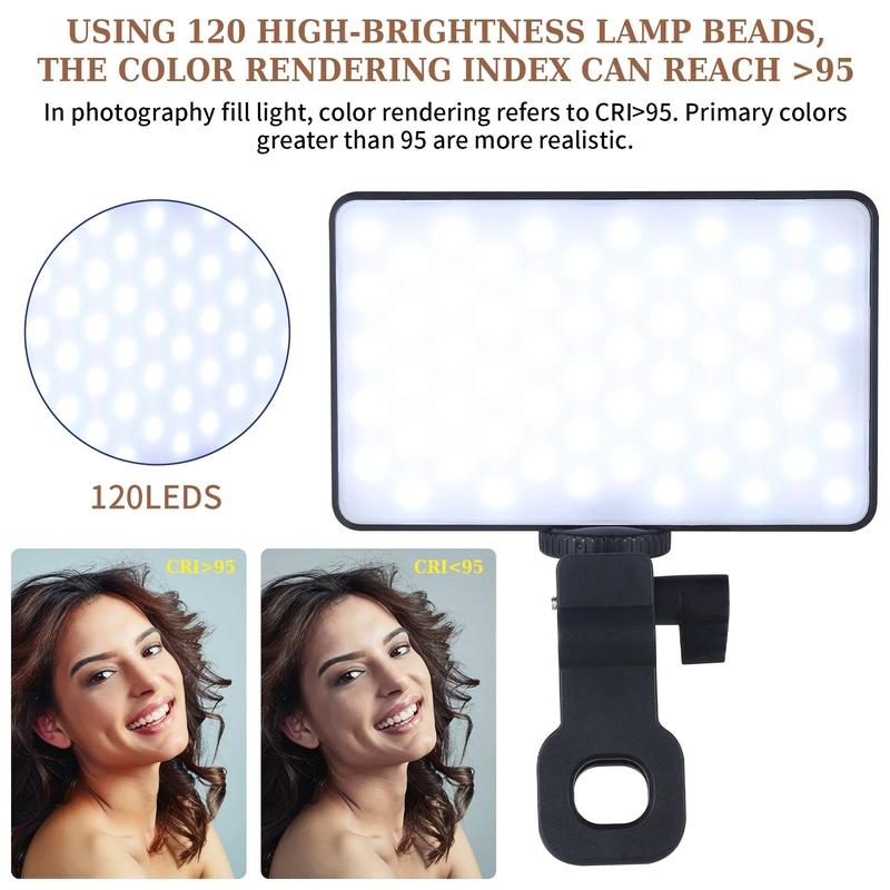 120 LED Phone Light, Selfie Light, Rechargeable Clip Video Light, Adjusted 3 Light Modes, suitable for Phone, Camera, Laptop